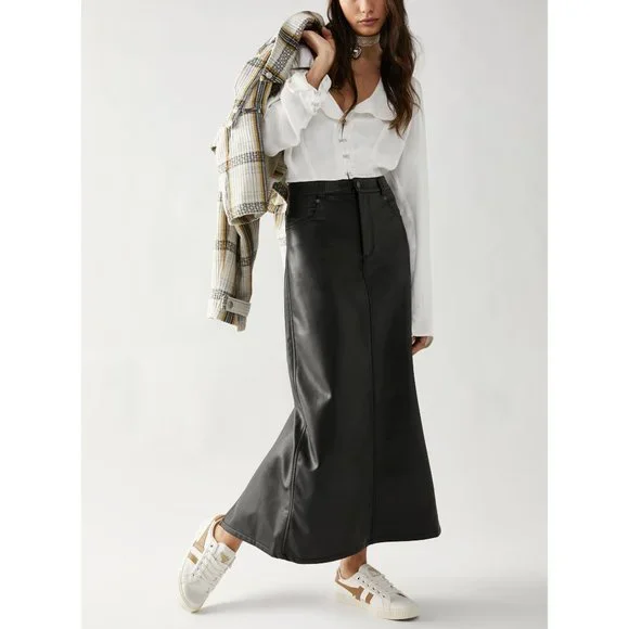 🎉LAST CHANCE🎉 FREE PEOPLE City Slicker Vegan Maxi Skirt / Black - Picture 2 of 7